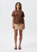 Say the Label Signature Tee in chocolate with blush pink blanket-stitch trim, front view