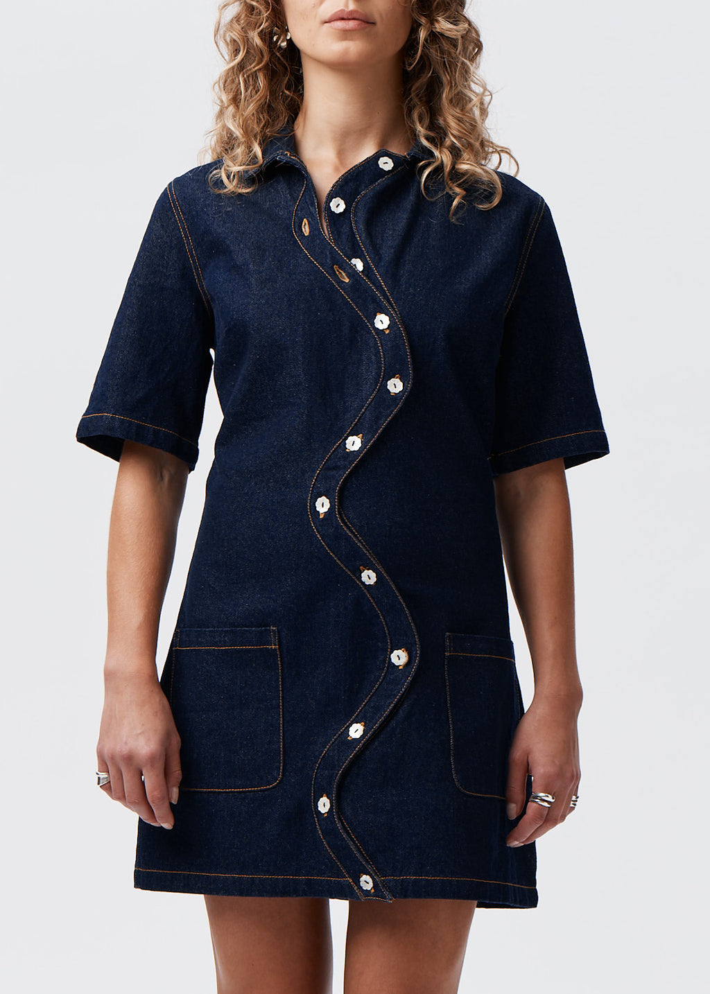 Say the Label Wave Denim Dress with signature wavy placket and mother-of-pearl buttons, front view