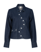 Say the Label Wave Denim Jacket with signature wavy placket and mother-of-pearl buttons, front view