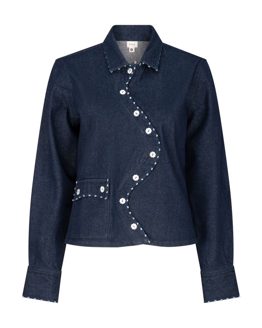 Mother-of-pearl buttons on a denim jacket