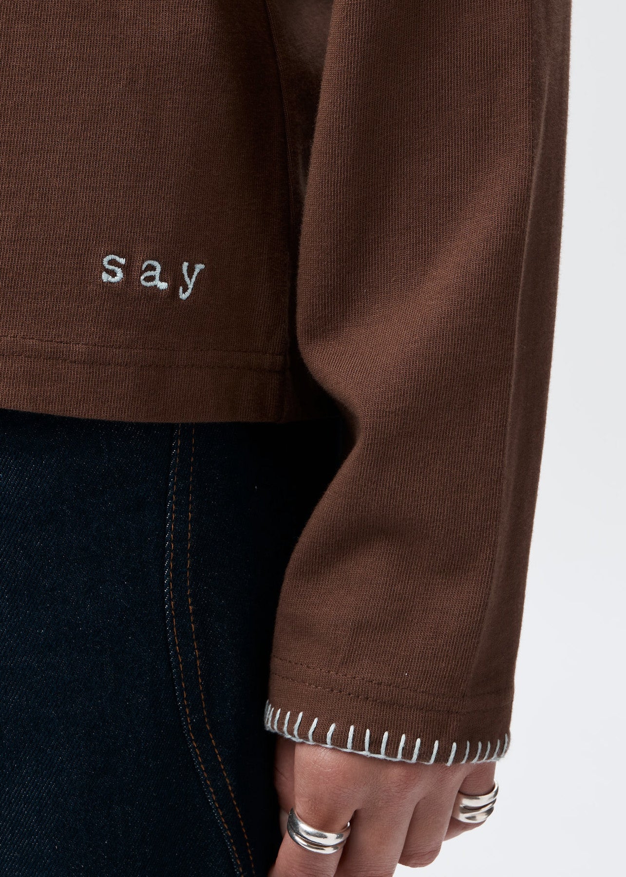 Hand-Stitched Pale Blue Blanket Stitch Cuff Detail Say the Label Signature Long Sleeve