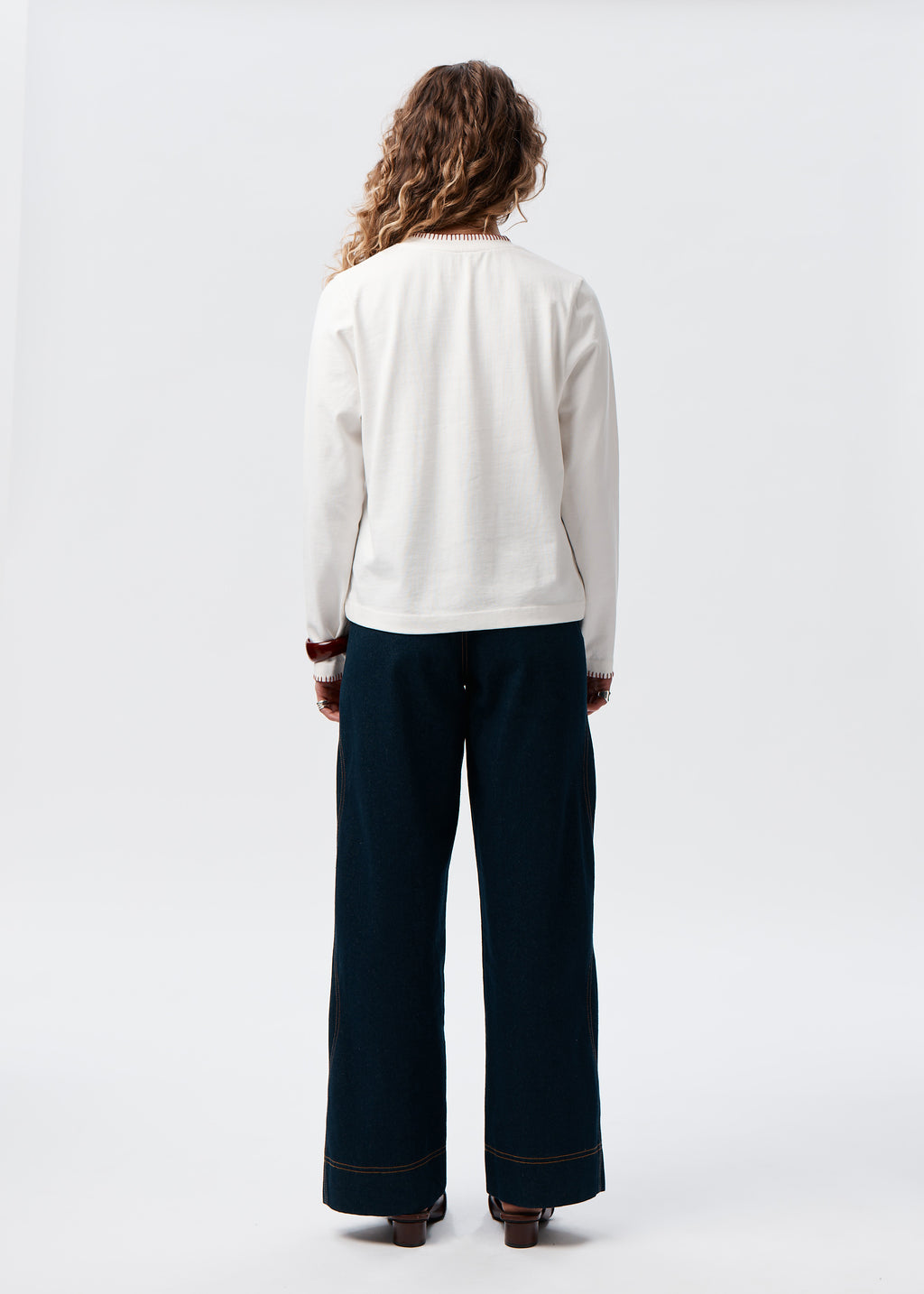 Say the Label Signature Long Sleeve Ivory Back Hand-Stitched Red Blanket Stitch Detail