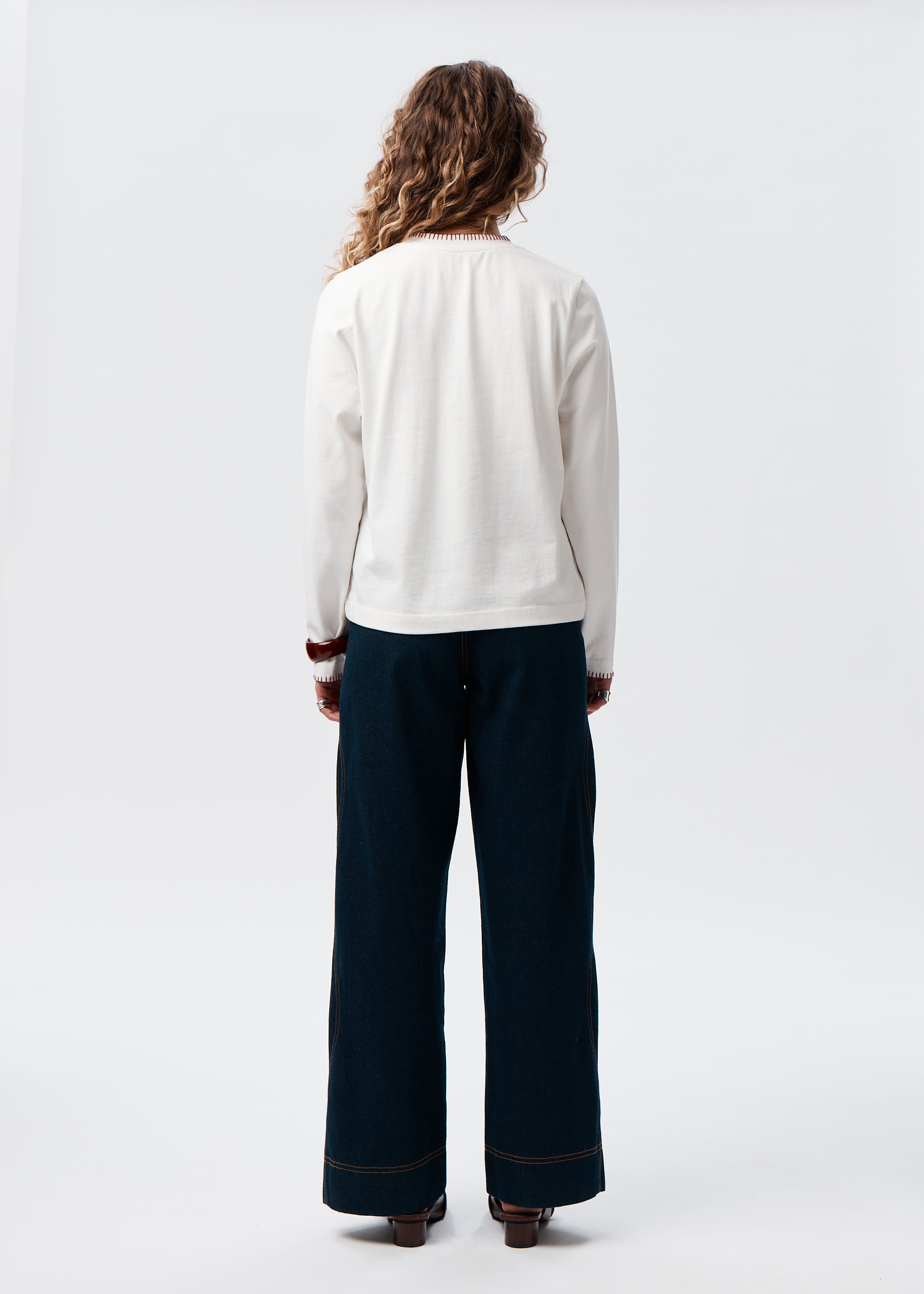 Say the Label Signature Long Sleeve Ivory Back Hand-Stitched Red Blanket Stitch Detail