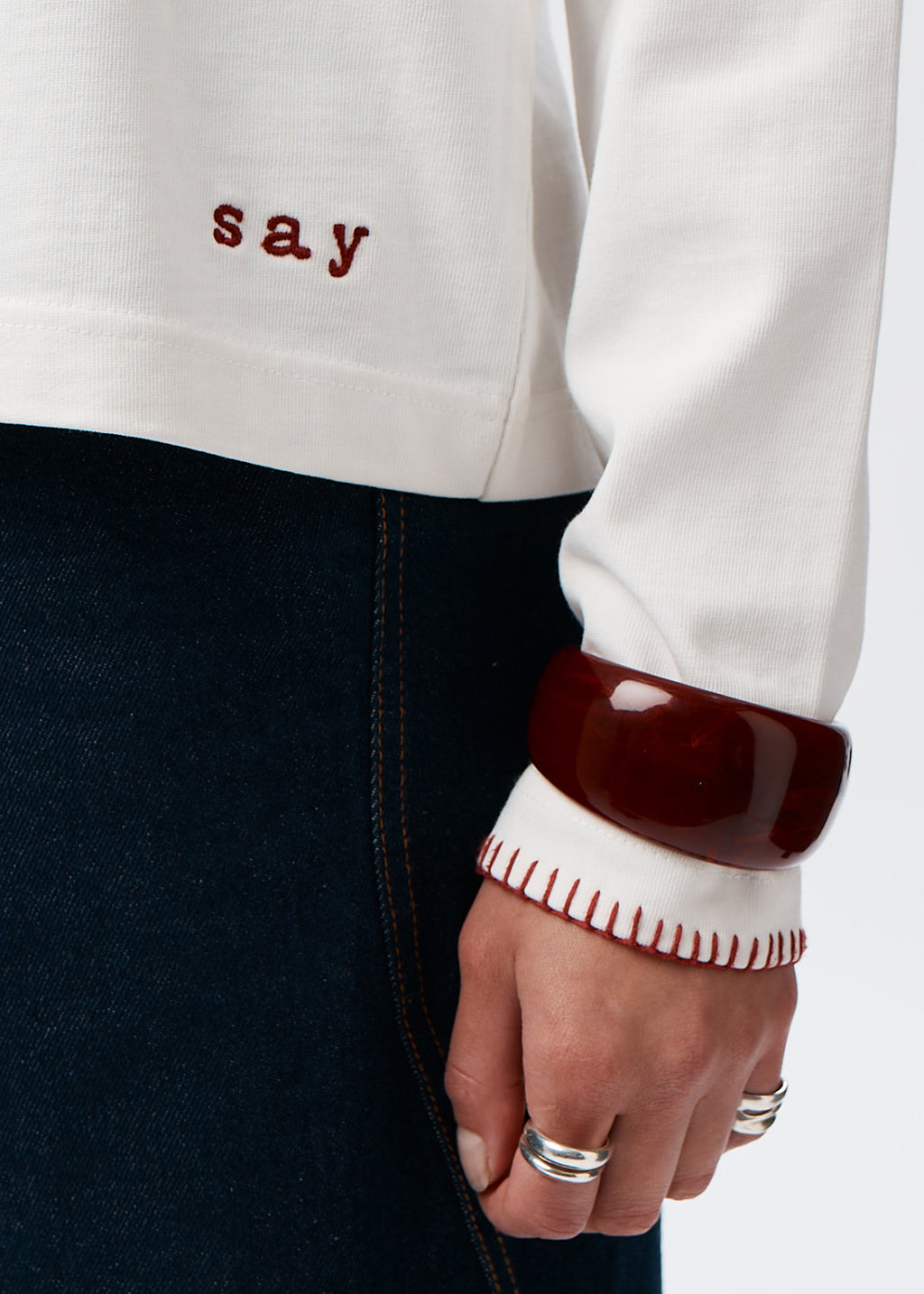 Hand-Stitched Red Blanket Stitch Cuff Detail Say the Label Signature Long Sleeve